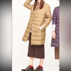 Uniqlo Ultra Light 90% Down Women's M Biege Long Jacket Packable Puffer Quilted